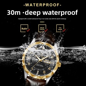 Montre de luxe pour homme POEDAGAR, <span class=keywords><strong>lunette</strong></span> dorée avec découpe diamant, bracelet en cuir marron, affichage double heure, montre-bracelet à quartz étanche - Product Image 3