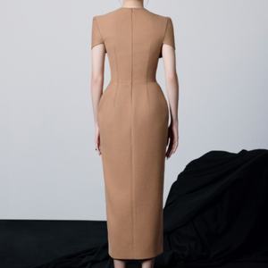Robe midi élégante pour femme, robe formelle moulante à manches courtes avec détail nœud structuré - Product Image 2