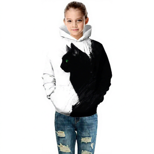 Sweat à capuche unisexe pour enfants, imprimé chat noir, en coton tricoté, décontracté, pour l'automne, coupe classique, design imprimé numérique - Product Image 1