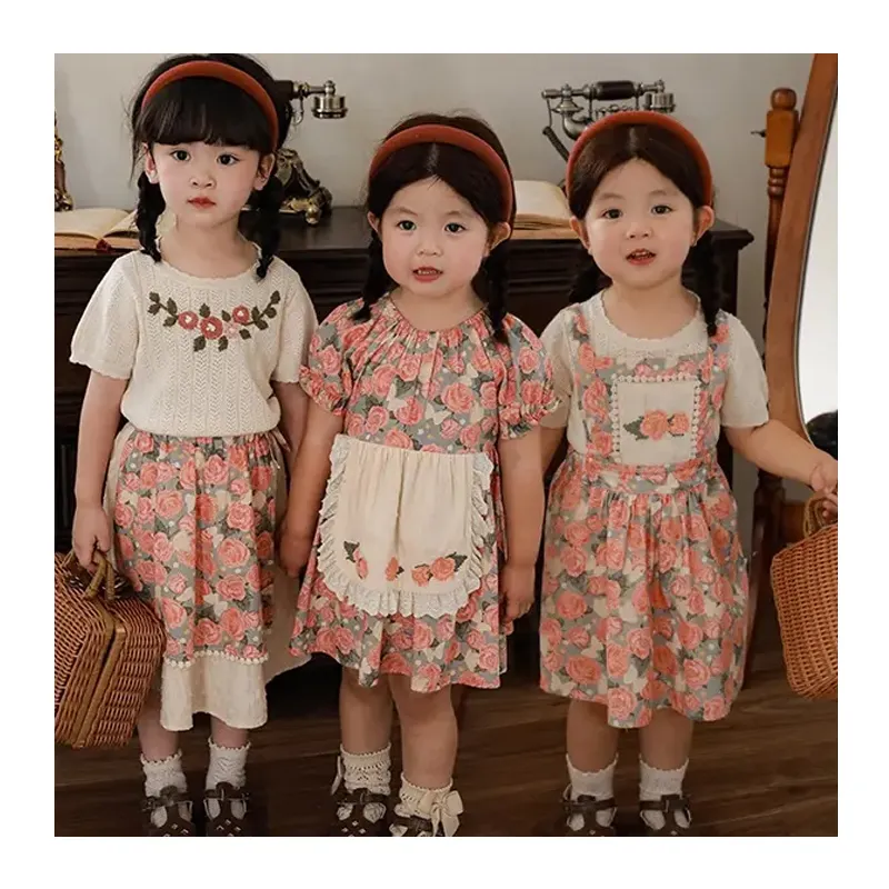 달콤한 장미 시리즈 절묘한 자수 레이스 아기 어린 소녀 의류 세트 티셔츠 탱크 탑 스커트 드레스 유아 여름 세트