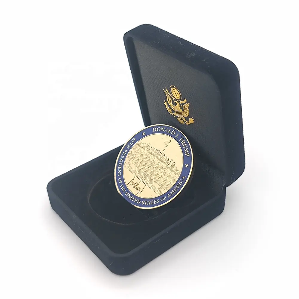 Regali per le elezioni presidenziali personalizzate del presidente degli Stati Uniti d'America sigillano monete di sfida in metallo 3D con scatola di visualizzazione