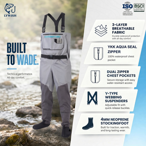 Cuissardes de pêche OEM personnalisées, imperméables, robustes, en tissu respirant 3 couches, avec pieds intégrés, pour la pêche en extérieur - Product Image 3