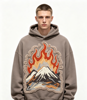 Veste streetwear personnalisée imprimée Kornit, écologique, respirante, 300g, effet délavé soleil, motif flamme montagne, délavée à l'acide, effet spray sale