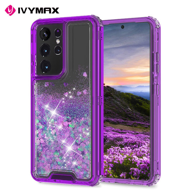 Transparent S21 Ultra 5g Case, 360 Full Body Shockproof Liquid Glitter Quicksand Bling 3-Layer Phone Case Cover