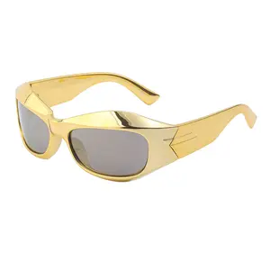 Óculos de sol folheados a ouro para mulheres, óculos de sol estilo punk, óculos de sol em cores contrastantes e polígonos para ciclismo, Story 8773