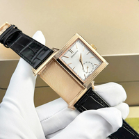 Montre-bracelet à remontage manuel réversible ultra-fine, boîtier en or rose, bracelet en cuir grain croco noir, cadran argenté soleil, petite seconde