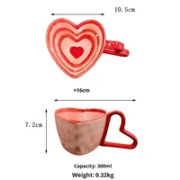 Ensemble de tasses à café en céramique à rayures en forme de cœur mignon |   Mug au design original avec poignée en forme de cœur pour la Saint-Valentin, cadeaux pour la maison