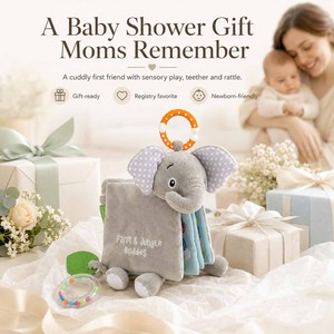 Livre en tissu froissé doux et sensoriel pour bébé, jouet en peluche éléphant pour nourrissons, livre tactile et sensoriel en tissu, jouet pour bébé éléphant - Product Image 5