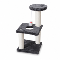 Tour à chat à deux niveaux avec poteaux à gratter en corde de sisal et plateforme en peluche, jouet souris suspendu pour chats d'intérieur - Emballage carton OEM/ODM