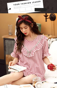 Coreana di plaid pigiami delle ragazze di estate cotone a maniche corte collare allentato bambola languido manica a vento vestiti a casa due-si adatta alle pezzo - Product Image 5