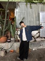 Blouson Bomber Vintage Detroit Workwear J97 Style Américain Décontracté Ample en Jean Col Rabattu Simple Boutonnage Avant Enduit Automne