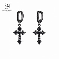 Boucles d'oreilles unisexes en acier inoxydable avec croix en zircon noir vintage, style hip-hop streetwear, vente en gros