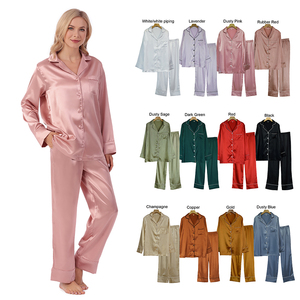 OEM Custom Logo Seidige Satin Schlafanzug Pyjamas Set mit Taschen Frauen Pyjamas mit langen Ärmeln und langen Hosen - Product Image 1
