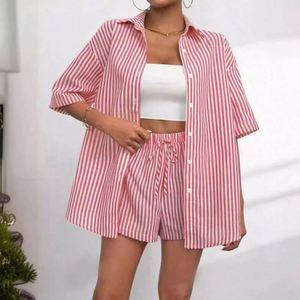 I-0607 Women's Solid Formal Button V-neck Two-Piece <b>Set</b> American Style <b>Blazer</b> Knee-Length Short Sleeve Eco-Friendly Knitting - Product Image 1