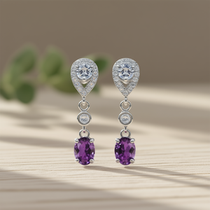 Orecchini Pendenti da Donna E1309 con Gemma Viola, Taglio Brillante Rotondo, Montatura a Griffe, Gioielli Classici di Moda, Stile da Festa - Product Image 2
