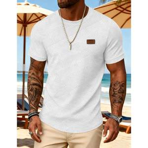 Camiseta de Manga Corta Personalizada para Hombre, Blanca, con Textura Geométrica, Transpirable, de Algodón Tejido, Informal - Product Image 3