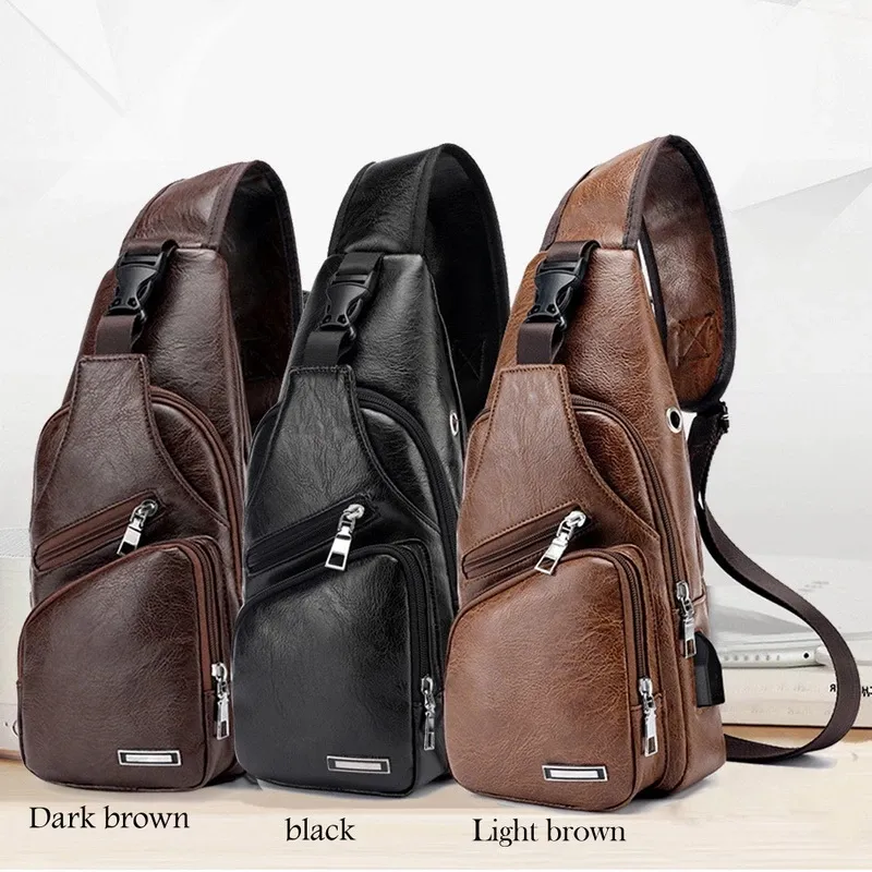 Men's Shoulder Bags USB Charging Crossbody Anti-theft Chest Bag PU Leather Travel Bags V011