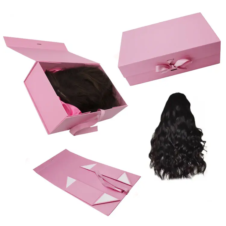 कस्टम लोगो लक्जरी फोल्डेबल चुंबकीय गुलाबी बाल एक्सटेंशन विग पैकेजिंग बॉक्स रिबन के साथ बाल बंडल पैकेजिंग बॉक्स