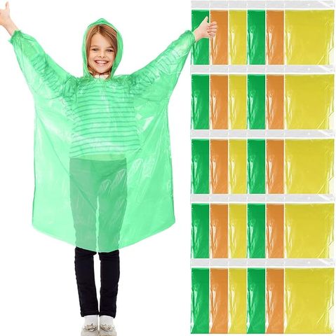 Single-Person PE Raincoat for Kids Waterproof Windproof Disposable PE Material Drawstring Hood Elastic Sleeves-for Camping Tours