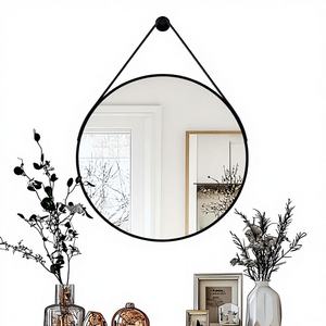 Miroir mural suspendu contemporain Artloge avec sangle, cadre rond en aluminium, 28 pouces, noir, pour salle de bain - Product Image 1