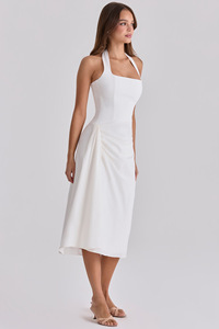 Robe décontractée quotidienne pour <span class=keywords><strong>femme</strong></span>, minimaliste et élégante, sans manches, col halter <span class=keywords><strong>carré</strong></span>, dos noué avec nœud, froncée sur le côté, taille haute, <span class=keywords><strong>coupe</strong></span> fluide évasée - Product Image 5