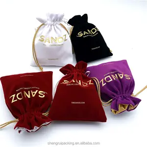 Small Colorful Velvet Jewelry Gift Pouches With Gold Rope Stamping Gold Logo Satin Lining Velvet Jewellery Pouch Bag