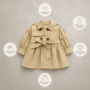 Cappotto trench primaverile da bambina in cotone, doppiopetto, con maniche a sbuffo, spalline, pettorina antipioggia e cintura, modello ad A per neonate e bambine - Product Image 4