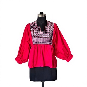 Blusa de poliéster roja bordada estilo bohemio con peplum para mujer, blusa étnica de manga globo, túnica tradicional folclórica para fiesta de adultos - Product Image 3