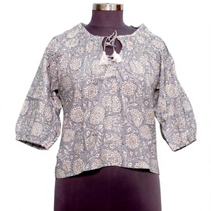 100% coton, tricoté à la main, motif floral vintage, été, printemps, bureau, décontracté, respirant, écologique, mini-chemise à manches bouffantes, col rond pour femmes - Product Image 1