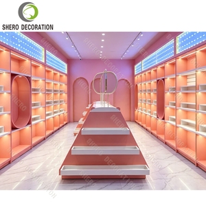 Pink Cosmetic Display Island with <b>LED</b> <b>Light</b> <b>Strip</b> Beauty Shop Shelf Wall Display Unit Boutique Store Fitting with Mirror - Product Image 2