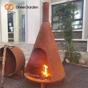 Chiminea de leña de acero Corten y hormigón moderno para jardín con chimenea para áreas de estar al aire libre y mesa de fuego - Product Image 4