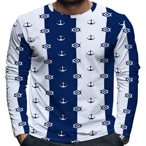 Camisa Casual de Punto para Hombre, Manga Larga, Cuello Redondo, Rayas en Relieve, Azul y Blanco, 100% Algodón, Antiencogimiento, para Primavera - Product Image 1