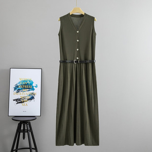Vestido Largo de Punto sin Mangas con Cuello en V para Mujer, con Cinturón, Corte Ajustado, Estilo Casual de Verano - Product Image 1