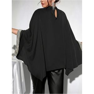 Poncho sin mangas con perlas para mujer, talla grande, cuello alto, asimétrico, de gasa, elegante, para fiesta o club. - Product Image 2