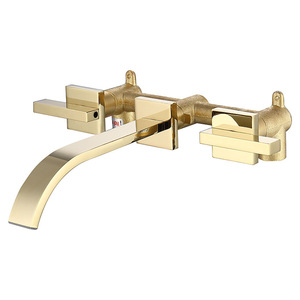 Vòi Nước Bồn Rửa Phòng Tắm Gắn Tường Vòi Thác Nước Màu Vàng Kim Chải Vòi Nước Phòng Tắm Vòi Trộn Bồn Rửa <span class=keywords><strong>2</strong></span> Tay Cầm - Product Image 1