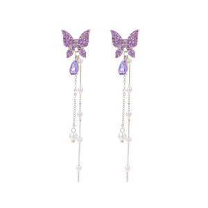 SC Jewelry'<strong>s</strong> New Fashion Tassel Pearl Crystal Butterfly <strong>Earrings</strong> Long Drop with Rhinestone Butterflies for Women and <strong>Girls</strong> - Product Image 2