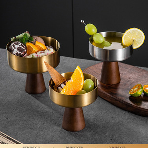 Stainless Steel Ice Cream Cup With Wooden Base Round Fruit <b>Dessert</b> Bowl For Party Snack Serving - Product Image 4