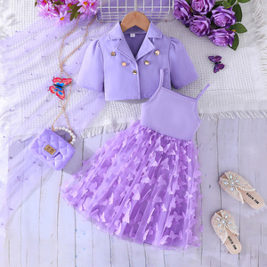 Conjunto de Ropa para Niñas de 4 a 7 Años, Chaqueta de Manga Corta + Vestido de Malla con Mariposas, Conjunto de Dos Piezas a la Moda para Adolescentes - Product Image 3