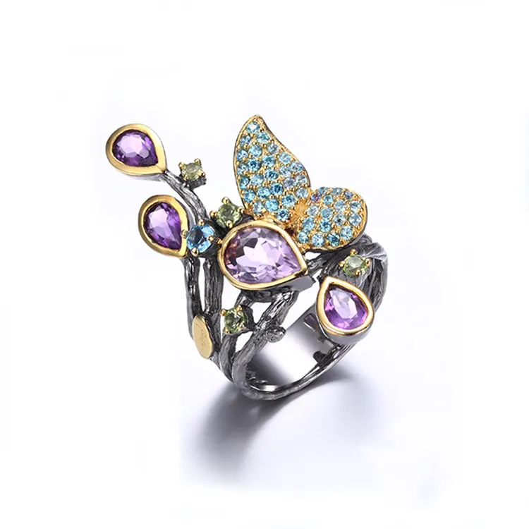 Wholesale Coloured Latest Amethyst 925 Sterling Silver Vintage Ring for Ladies
