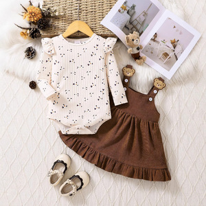 Conjunto de Ropa de 2 Piezas para Bebés Niñas, 100% Algodón, Body con Estampado Floral, Falda de Pana, Transpirable, para Primavera y Otoño - Product Image 1