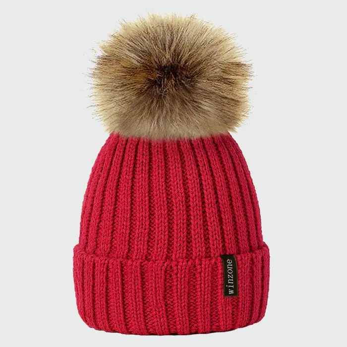 Custom Fashional Acrylic Cuffed Winter Knit Beanie With Fur Pompom