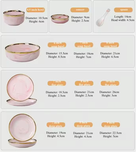 Ensemble d'assiettes en céramique de luxe nordique avec bordure dorée rose, passe au lave-vaisselle, vaisselle réutilisable - Product Image 2