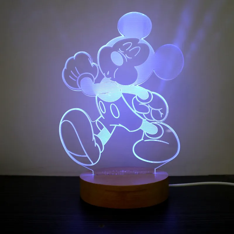 미키 마우스 라운드 우드 베이스 라이트 홈 장식 조명 아크릴 레이스 3D 램프 어린이를위한 선물