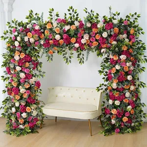 Rosa quente laranja rosa verde folhas arranjo floral exterior casamento backdrop flor arco frame decoração