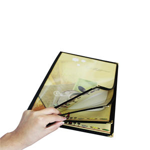 Couvertures de menu en PET pour <span class=keywords><strong>restaurant</strong></span> Value Four-<span class=keywords><strong>Page</strong></span> Black and Golden Corners 11 "x 8.5" de Yimi Leather Supplier A4 Size - Product Image 1