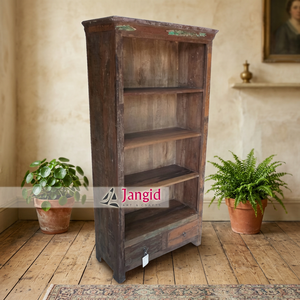 Rustic Vintage Look Wooden <b>Open</b> Bookcase <b>Bookshelf</b> with 2 Drawer and 4 Shelf For Living Room Hotel Farmhouse Indian Furniture - Product Image 3