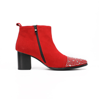 Bottines courtes pour homme NA1006 avec strass scintillants, en daim rouge et noir, talon bloc épais, pour mariage, bal de promo, soirée