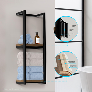 Custom Size Modern Matte Black <b>Wall</b>-<b>Mounted</b> Bathroom Organizer 2 Layer Towel Rack with Wooden <b>Shelf</b> - Product Image 2