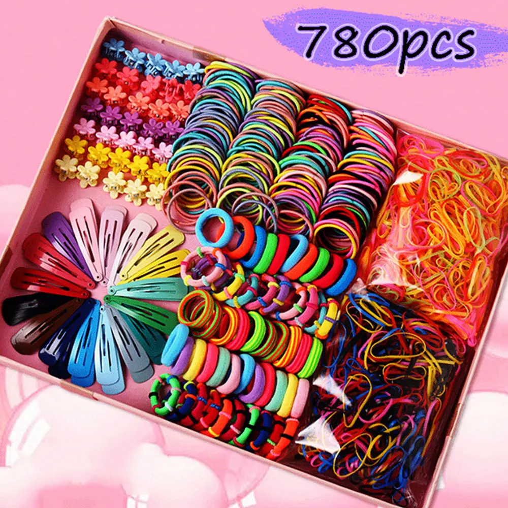 Hot selling 780 piece set mixed color girl elastic hair band hair claws clip pins korean fashion kids baby gift accessories