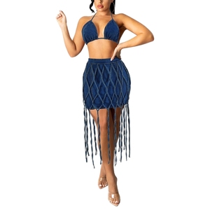 ชุดกระโปรงผ้ายีนส์แบบผูกคอแขนกุดลายตารางสำหรับผู้หญิงแฟชั่นขายดี - Product Image 3